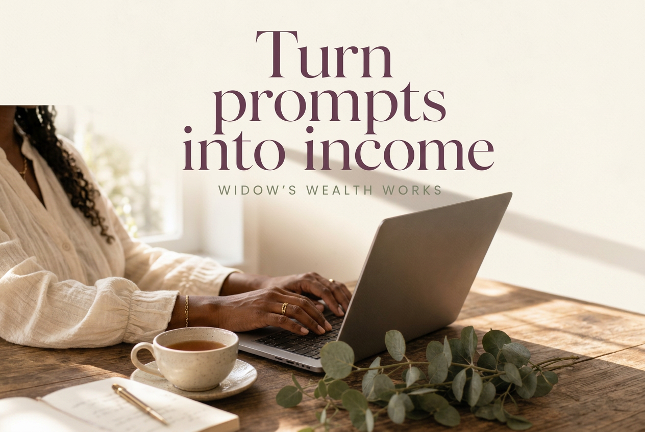 Turn prompts into income — a Black woman working on a laptop beside a cup of tea