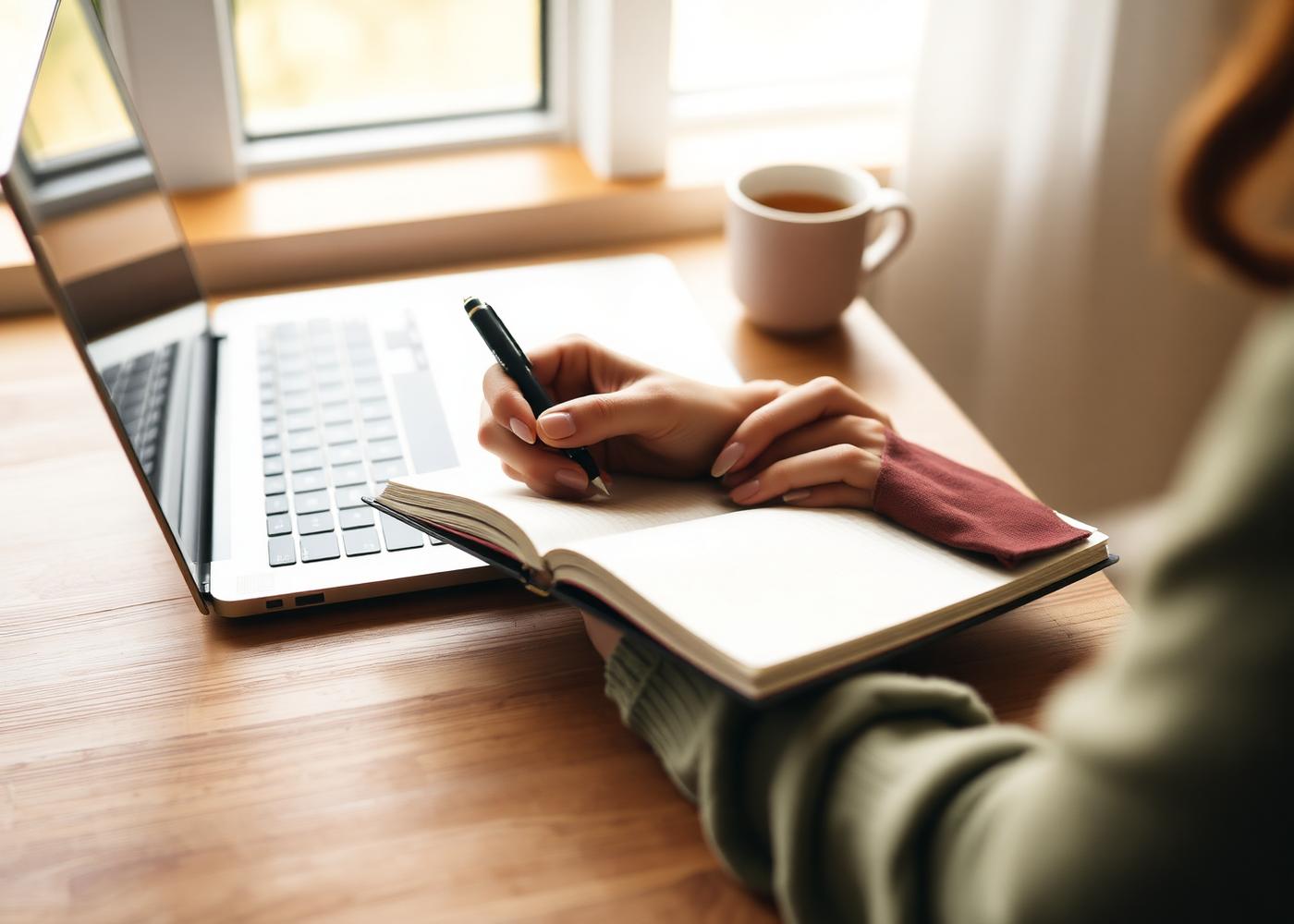 A woman writing business ideas in a notebook beside a laptop and cup of tea